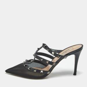 Pre Owned Valentino Black Leather and Mesh Rockstud Heel Mules Size 39