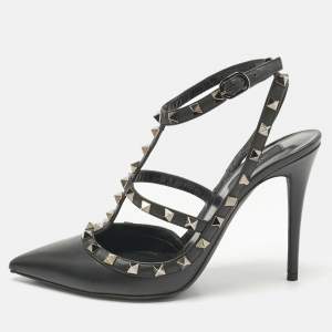 Pre Owned Valentino Black  Leather Rockstud Caged Pumps Size 40