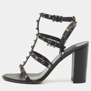 Pre Owned Valentino Black Leather Rockstud Block Heel Strappy Sandals Size 39.5