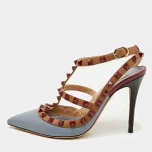 Valentino Blue/Brown Leather Rockstud Caged Ankle Strap Pumps Size 36