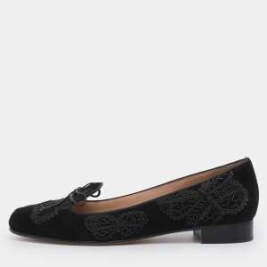 Pre Owned Valentino Black Suede Butterfly Embroidered Ballet Flats Size 41