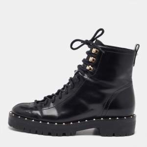 Valentino Black Leather Rockstud Lace Up Ankle Combat Boots Size 36
