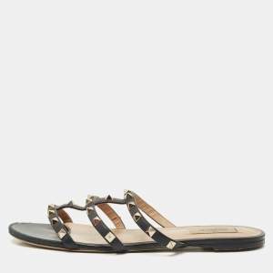 Pre Owned Valentino Black Leather Rockstud Flat Slide Size 40