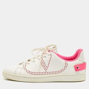 Valentino White/Pink Leather Rockstud Sneakers Size 40.5