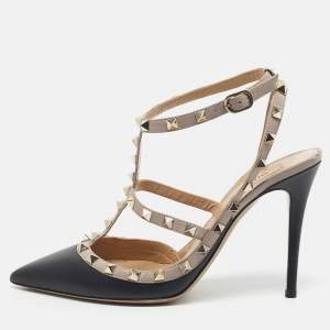 Pre Owned Valentino Black/Beige Leather Rockstud Caged Pumps Size 40