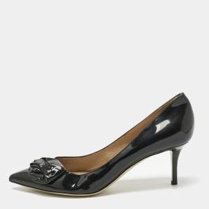 Pre Owned Valentino Black Patent Leather Flower Bow Pointed Toe Pumps Size 39.5