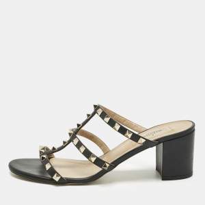 Pre Owned Valentino Black Leather Rockstud Slide Sandals Size 40