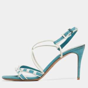 مملوكة مسبقًا Valentino Blue/White Suede and Leather Rockstud Strappy Sandals Size 38
