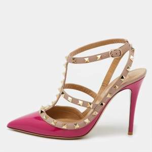 Pre Owned Valentino Pink/Old Rose Patent Leather Rockstud Caged Ankle Strap Pumps Size 39