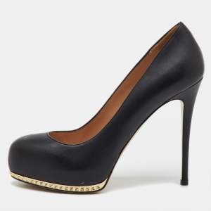 Pre Owned Valentino Black Leather Rockstud Round Toe Platform Pumps Size 36