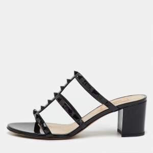 Pre Owned Valentino Black Patent Leather Rockstud Slide Sandals Size 40.5