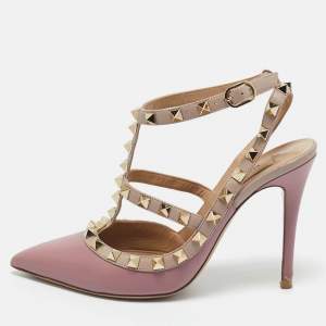 Pre Owned Valentino Beige/Purple Leather and Patent Rockstud Pumps Size 36