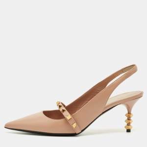 Pre Owned Valentino Beige Leather Pointed Toe Rockstud Slingback Pumps Size 40.5
