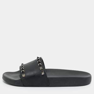 Pre Owned Valentino Black Rubber Rockstud Pool Slides Size 38