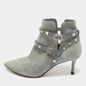 مملوكة مسبقًا Valentino Blue Leather and Suede Rockstud Ankle Length Boots Size 36.5