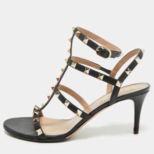 Pre Owned Valentino Black Leather Rockstud Ankle Strap Sandals Size 39