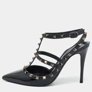 Pre Owned Valentino Black Leather and Patent Leather Rockstud Pumps Size 38