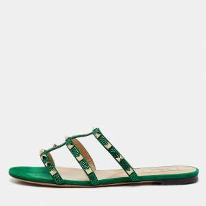 Pre Owned Valentino Green Suede Rockstud Crystal Embellished Flat Slide Sandals Size 40.5
