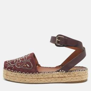 Pre Owned Valentino Burgundy Embellished Suede and Leather Ankle Strap Espadrille Flats Size 40