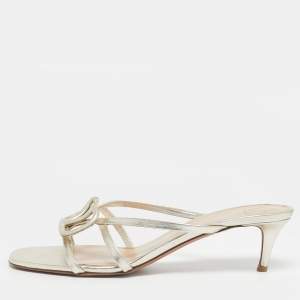 Pre Owned Valentino Metallic Leather VLogo Signature Slide Sandals Size 40.5