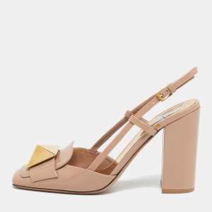 Pre Owned Valentino Beige Patent Leather One Stud Slingback Pumps Size 38