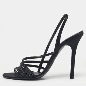 Pre Owned Valentino Black Satin Crystal Embellish Slingback Sandals Size 37.5
