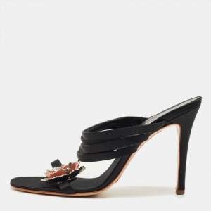 Pre Owned Valentino Black Satin Flower Embellish Slide Sandals Size 38