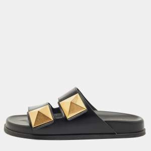 Pre Owned Valentino Black Leather One Stud Flat Sandals Size 40.5