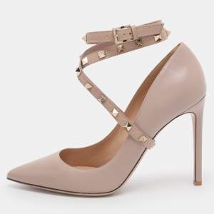 Pre Owned Valentino Beige Leather Rockstud Ankle Wrap Pumps Size 40