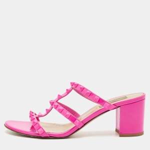 Pre Owned Valentino Pink Patent Leather Rockstud Slide Sandals Size 40