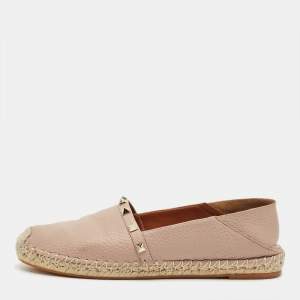 Pre Owned Valentino Beige Leather Rockstud Espadrille Flats Size 39