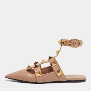 Pre Owned Valentino Dusty Pink Leather Roman Stud Ankle Strap Flats Size 41