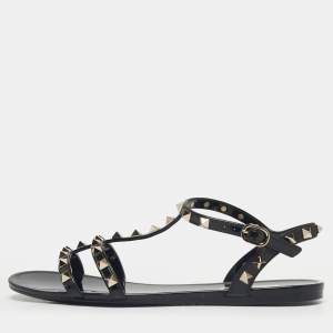 Pre Owned Valentino Black Jelly Rockstud Ankle Strap Flats Size 39