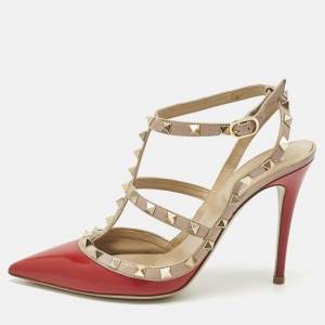 Pre Owned Valentino Red Leather and Patent Leather Rockstud Pumps Size 39