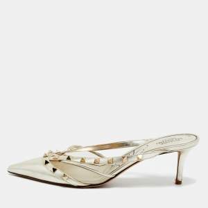 Pre Owned Valentino Silver Leather and Mesh Rockstud Pumps Size 38.5