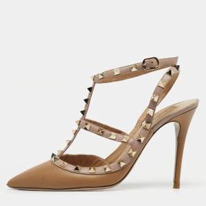 Pre Owned Valentino Beige Suede Rockstud Ankle Strap Pumps Size 39