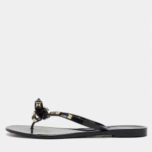 Pre Owned Valentino Black Jelly Rockstud Bow Flat Thong Sandals Size 42