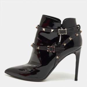 Pre Owned Valentino Black Patent Leather Rockstud Ankle Boots Size 39