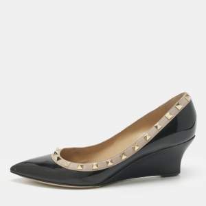 Pre Owned Valentino Black Leather Rockstud Pointed Toe Wedge Pumps Size 39.5