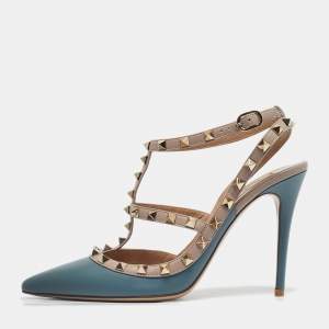 Pre Owned Valentino Beige/Blue Leather Rockstud Ankle Strap Pumps Size 40