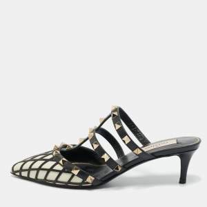 Pre Owned Valentino White/Black Leather Rockstud Strappy Flat Mules Size 35