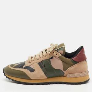 Pre Owned Valentino Multicolor Suede, Canvas and Leather Camouflage Rockrunner Sneakers Size 38