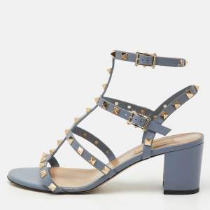 Pre Owned Valentino Light Blue Leather Rockstud Ankle Strap Sandals Size 38.5