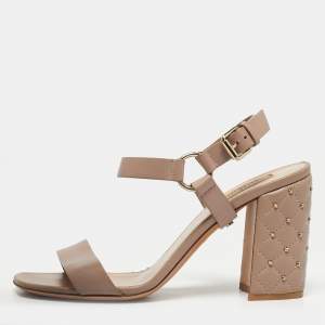 Pre Owned Valentino Beige Leather Rockstud Embellish Ankle Strap Sandals Size 38