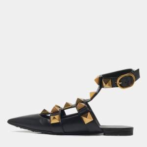 Pre Owned Valentino Black Leather Roman Stud Ankle Strap Ballet Flats Size 37