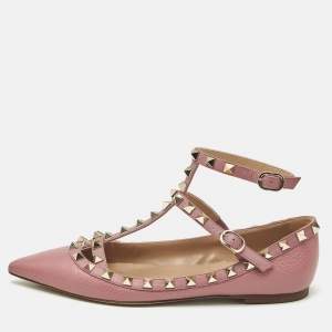 Pre Owned Valentino Pink Leather Rockstud Caged Ballet Flats Size 36