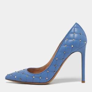 Pre Owned Valentino Blue Quilted Leather Rockstud Spike Pumps Size 38