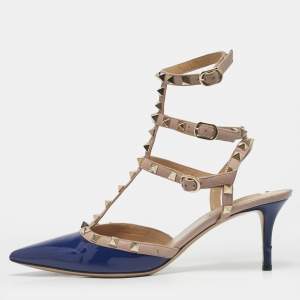 Pre Owned Valentino Blue/Beige Patent Leather Rockstud Caged Pumps Size 40