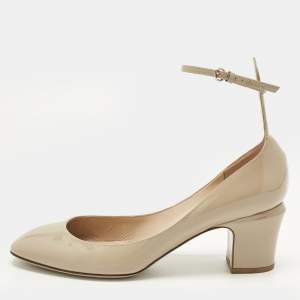 Pre Owned Valentino Beige Patent Leather Tan-Go Block Heel Pumps Size 40
