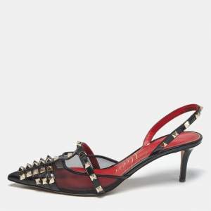 Pre Owned Valentino Black Patent Leather and Mesh Alcove Slingback Pumps Size 40